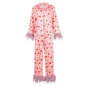 Red heart printed feather pajamas top &  pants casual set silk pajamas